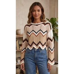 FCT WITH LOVE Chevron Zig Zag Crochet Knit Cropped Sweater Women's S Tan Brown